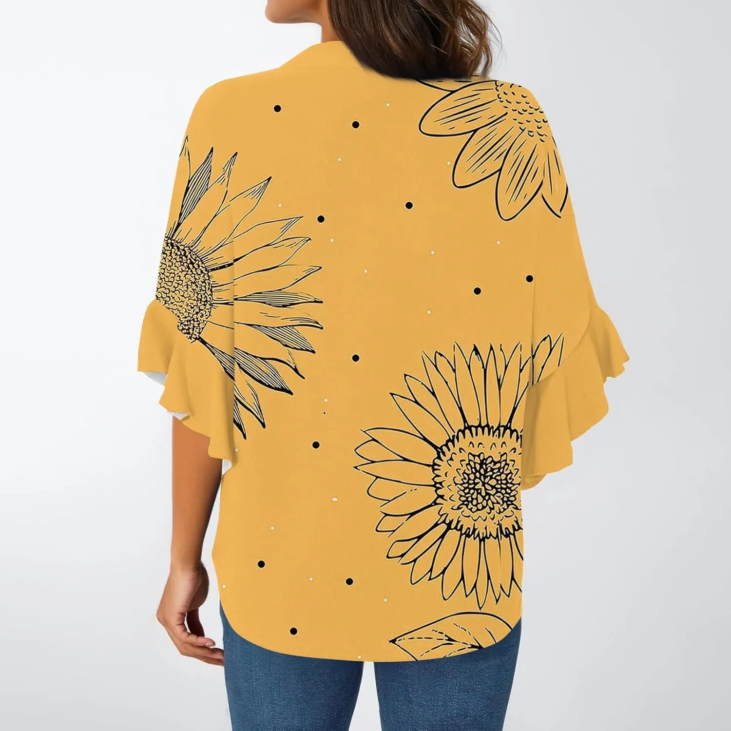Womens 3/4 Length Sleeve Tops Dressy Casual Ruffle Sleeve Blouse V Neck Floral Summer Button Tunic Shirts