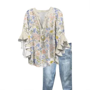 Womens 3/4 Length Sleeve Tops Dressy Casual Ruffle Sleeve Blouse V Neck Floral Summer Button Tunic Shirts