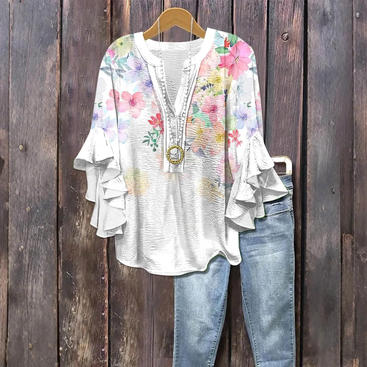 Womens 3/4 Length Sleeve Tops Dressy Casual Ruffle Sleeve Blouse V Neck Floral Summer Button Tunic Shirts