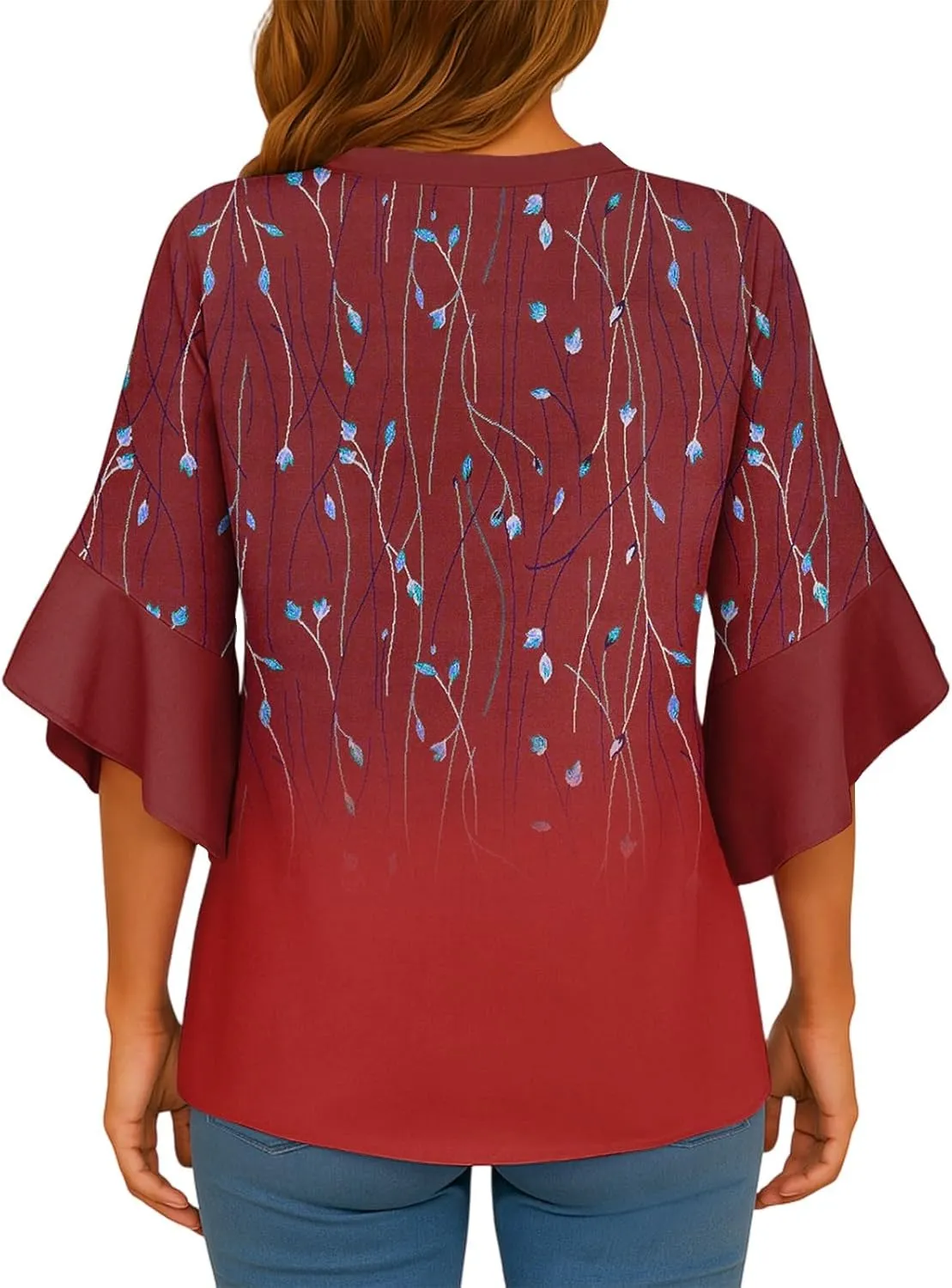 Womens 3/4 Length Sleeve Tops Dressy Casual Ruffle Sleeve Blouse V Neck Floral Summer Button Tunic Shirts