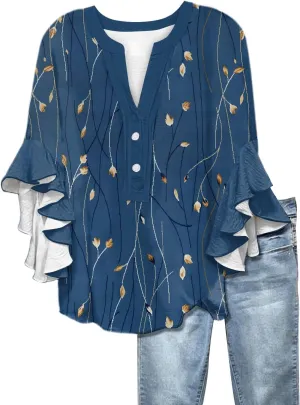 Womens 3/4 Length Sleeve Tops Dressy Casual Ruffle Sleeve Blouse V Neck Floral Summer Button Tunic Shirts