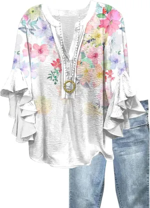 Womens 3/4 Length Sleeve Tops Dressy Casual Ruffle Sleeve Blouse V Neck Floral Summer Button Tunic Shirts