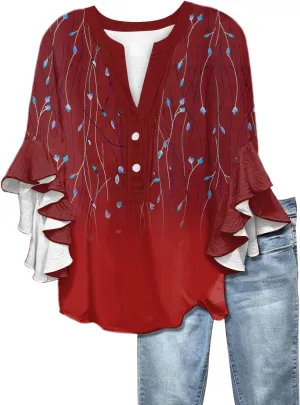 Womens 3/4 Length Sleeve Tops Dressy Casual Ruffle Sleeve Blouse V Neck Floral Summer Button Tunic Shirts