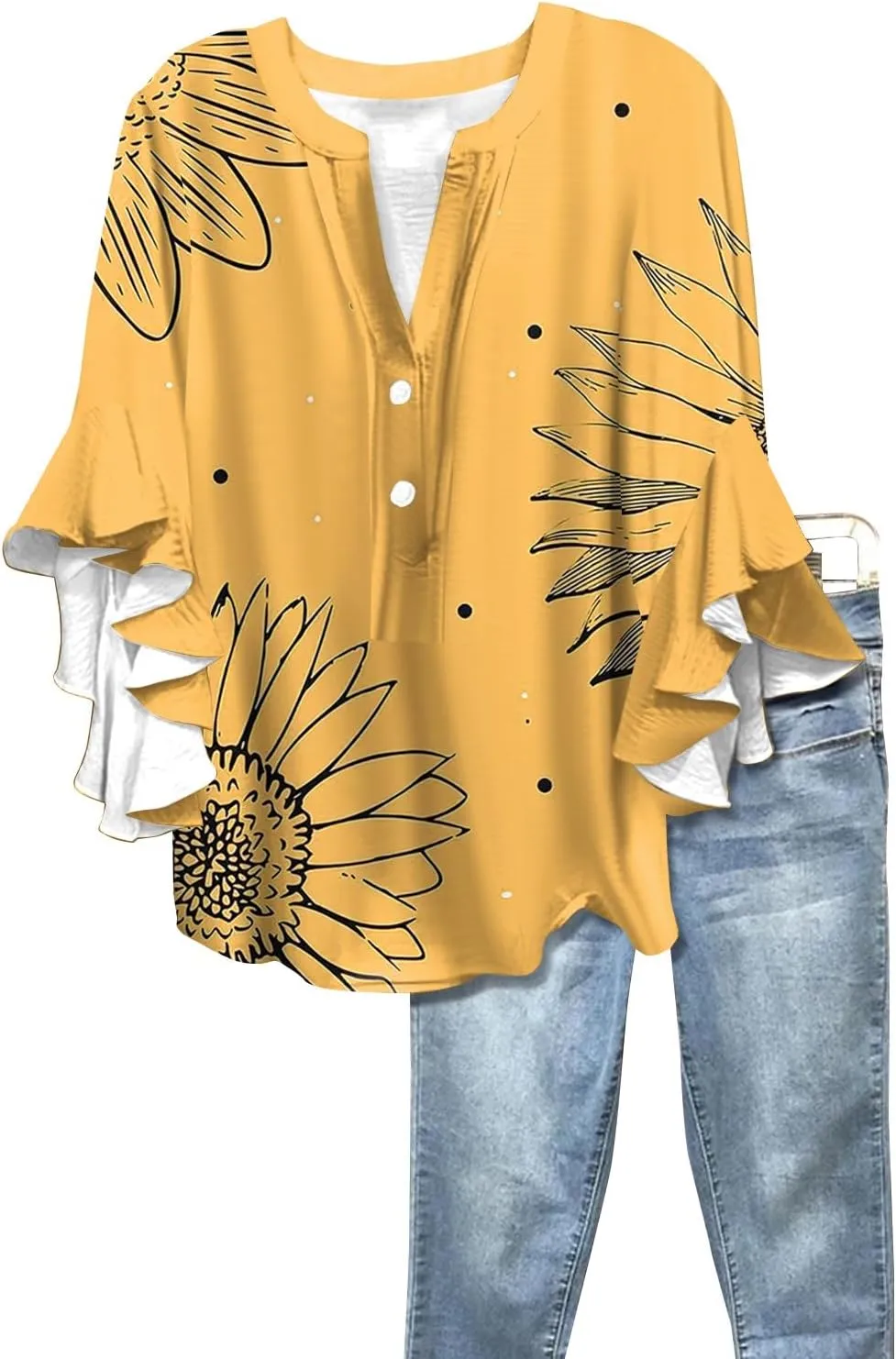 Womens 3/4 Length Sleeve Tops Dressy Casual Ruffle Sleeve Blouse V Neck Floral Summer Button Tunic Shirts
