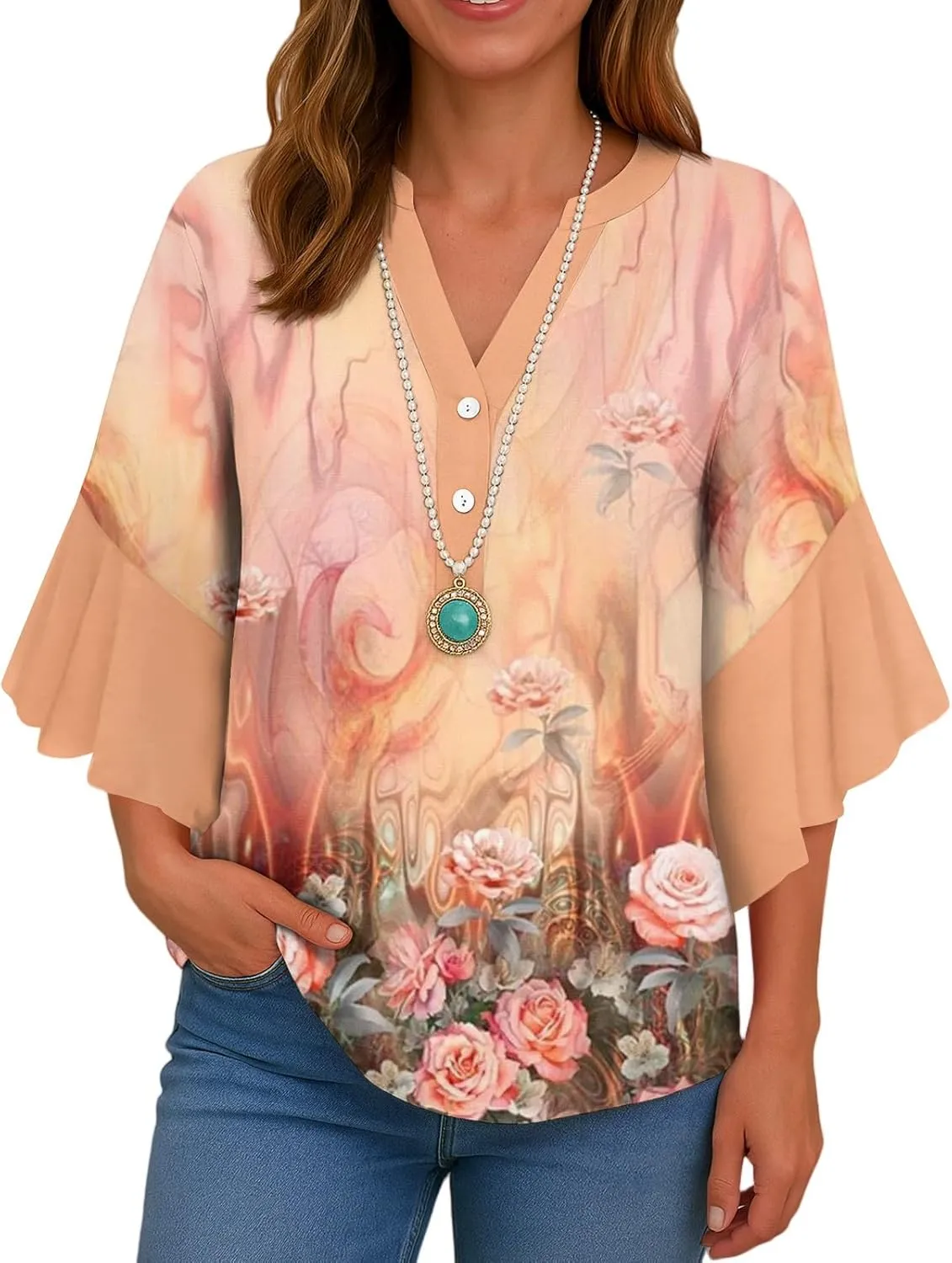 Womens 3/4 Length Sleeve Tops Dressy Casual Ruffle Sleeve Blouse V Neck Floral Summer Button Tunic Shirts