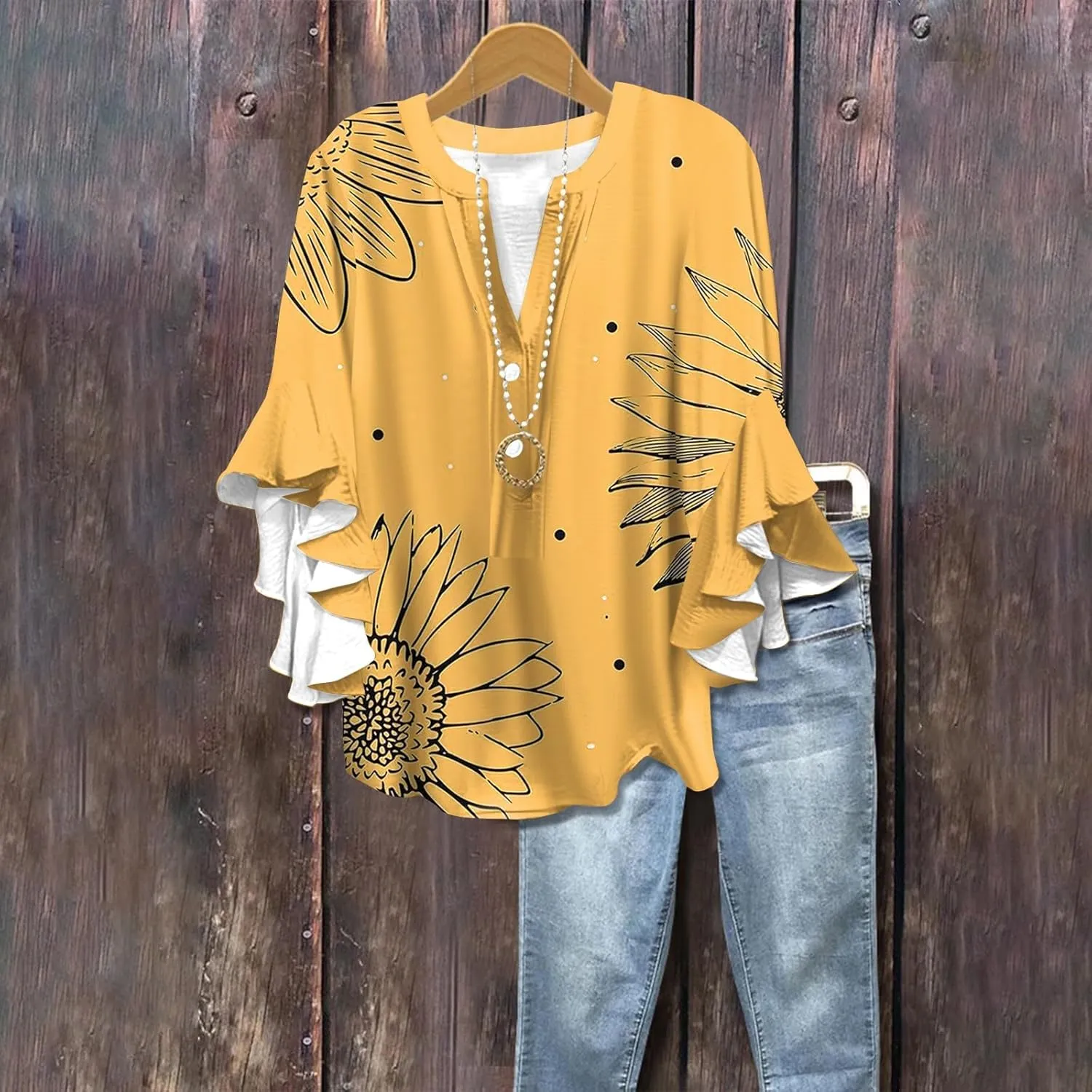 Womens 3/4 Length Sleeve Tops Dressy Casual Ruffle Sleeve Blouse V Neck Floral Summer Button Tunic Shirts