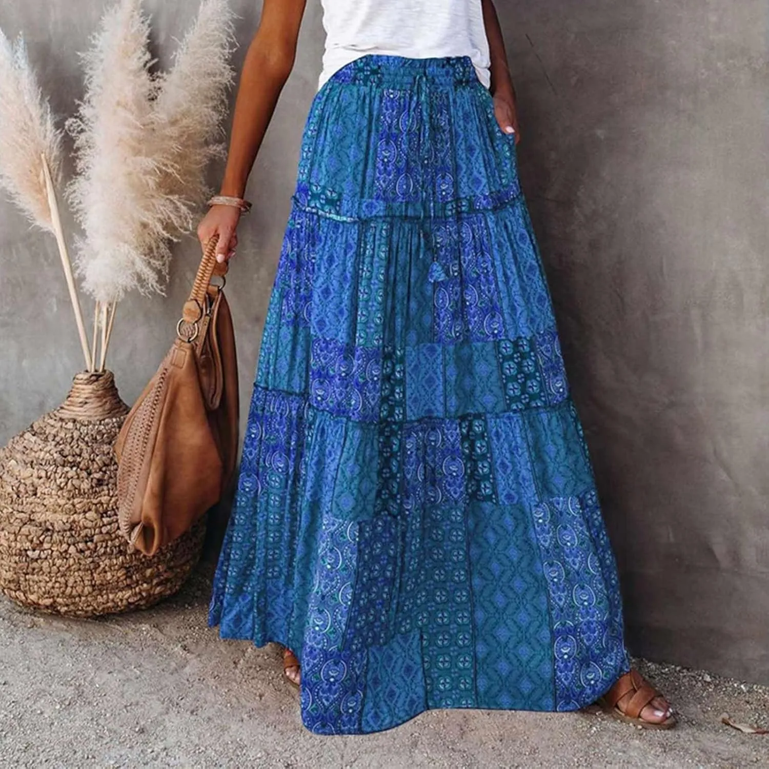 Womens Boho Maxi Skirts Summer Floral Print Elastic High Waisted Skorts Casual Flowy Tiered Ruffle Hem Long Skirts