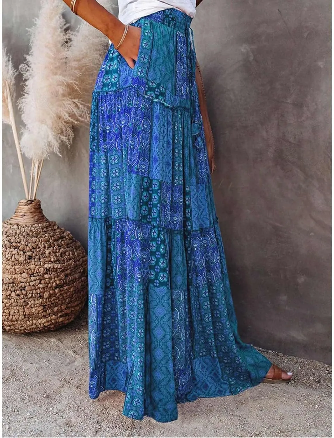Womens Boho Maxi Skirts Summer Floral Print Elastic High Waisted Skorts Casual Flowy Tiered Ruffle Hem Long Skirts