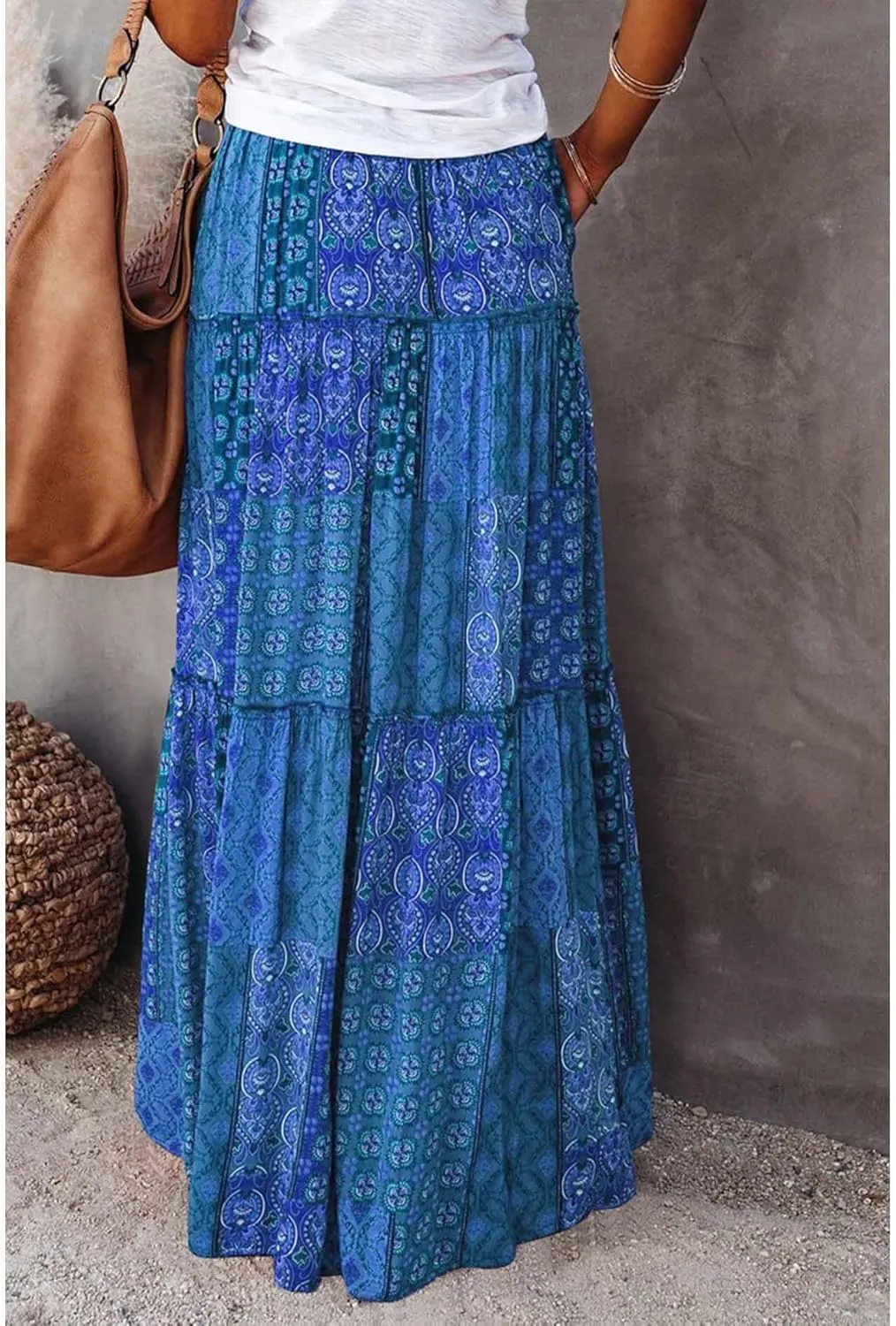 Womens Boho Maxi Skirts Summer Floral Print Elastic High Waisted Skorts Casual Flowy Tiered Ruffle Hem Long Skirts