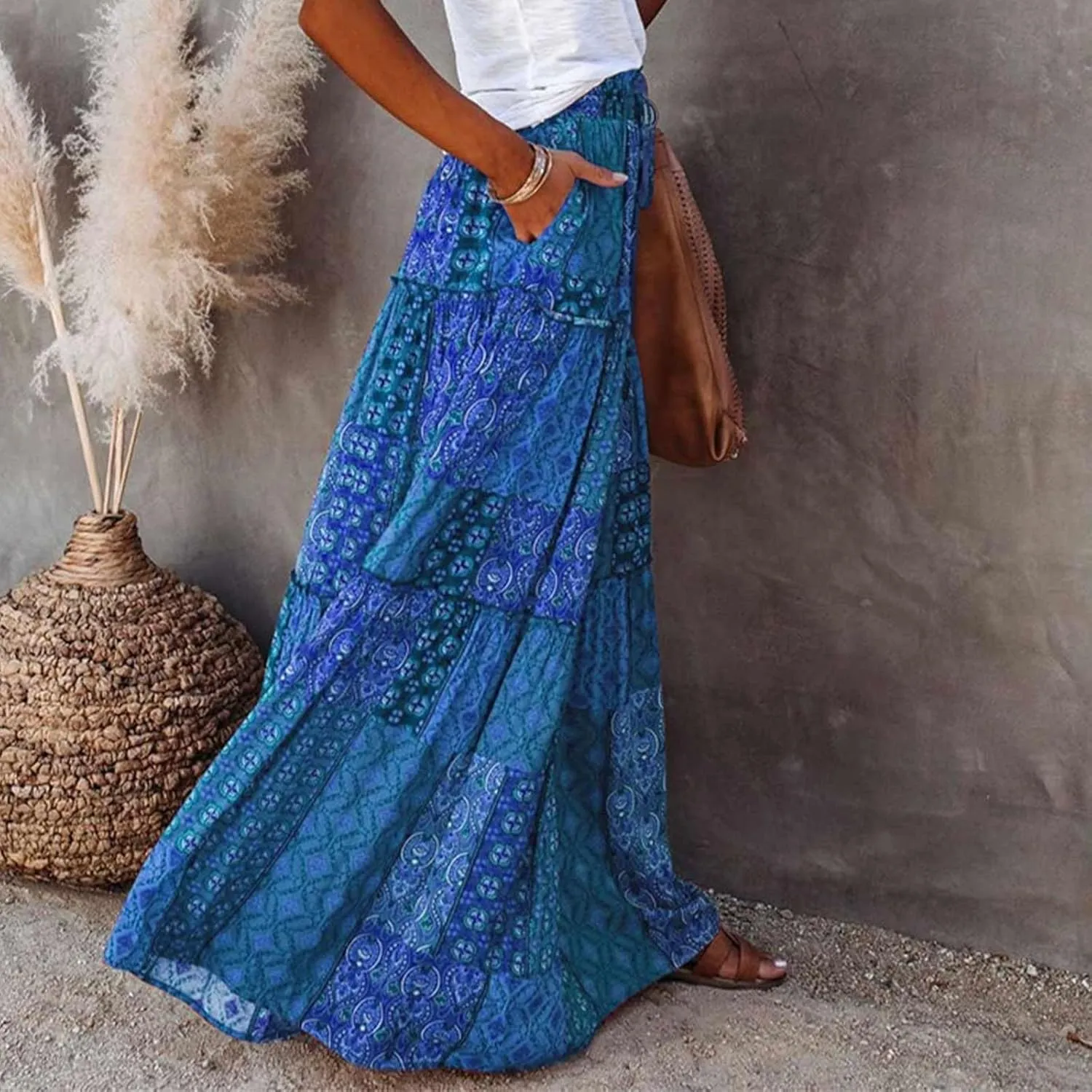 Womens Boho Maxi Skirts Summer Floral Print Elastic High Waisted Skorts Casual Flowy Tiered Ruffle Hem Long Skirts