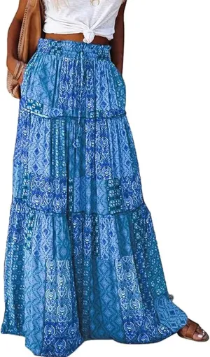 Womens Boho Maxi Skirts Summer Floral Print Elastic High Waisted Skorts Casual Flowy Tiered Ruffle Hem Long Skirts