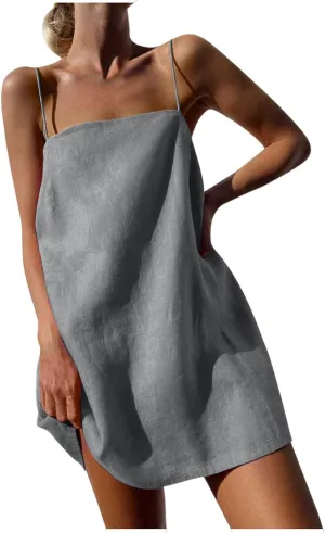 Womens Casual Summer Dresses Sexy Spaghetti Strap Slip Dress Cotton Linen Cover ups Beach Vacation Tunic Dress