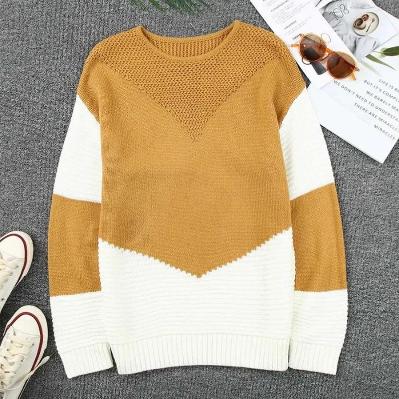 Women's Color Block Knit Jumper Loose Round Neck Long Sleeve Top