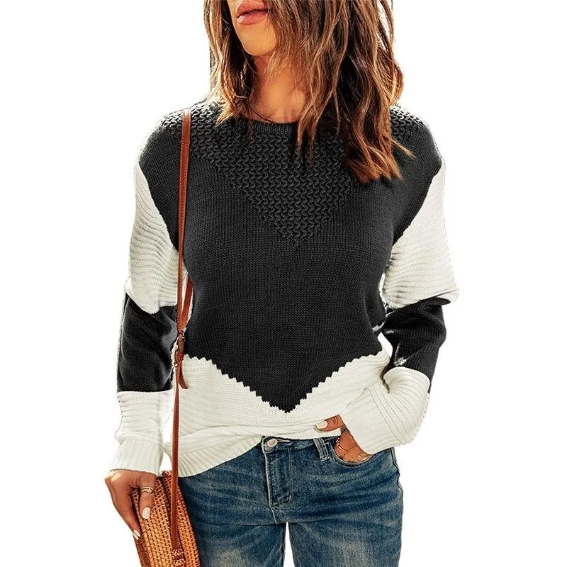 Women's Color Block Knit Jumper Loose Round Neck Long Sleeve Top