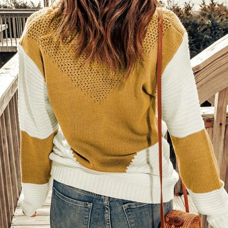 Women's Color Block Knit Jumper Loose Round Neck Long Sleeve Top