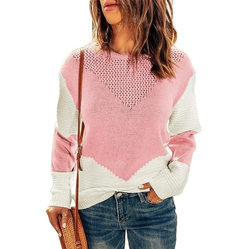Women's Color Block Knit Jumper Loose Round Neck Long Sleeve Top
