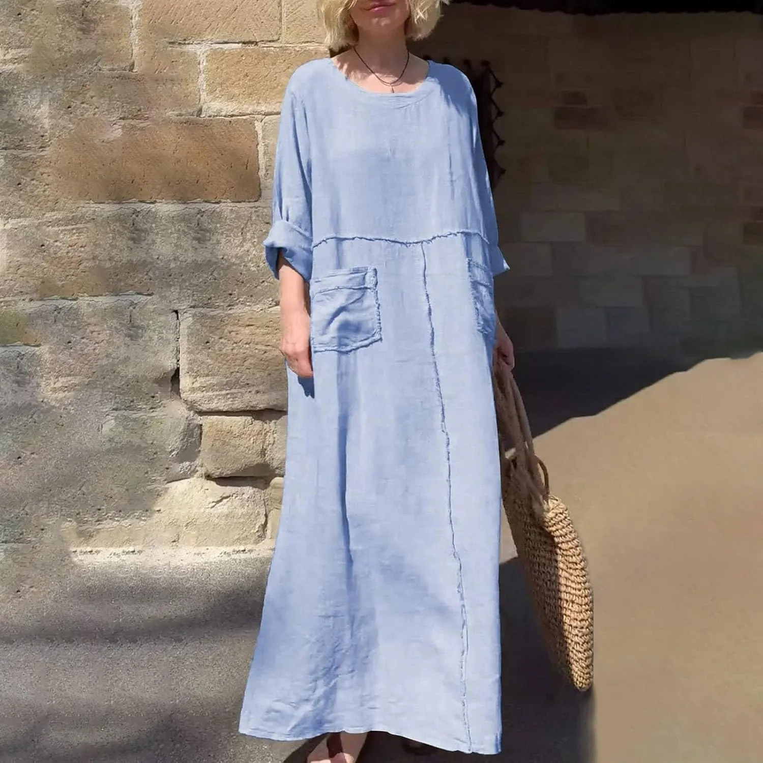 Women's Crew Neck Solid Color Mid Long Sleeve Dress Cotton and Linen Dress Long Sleeve Dress Casual