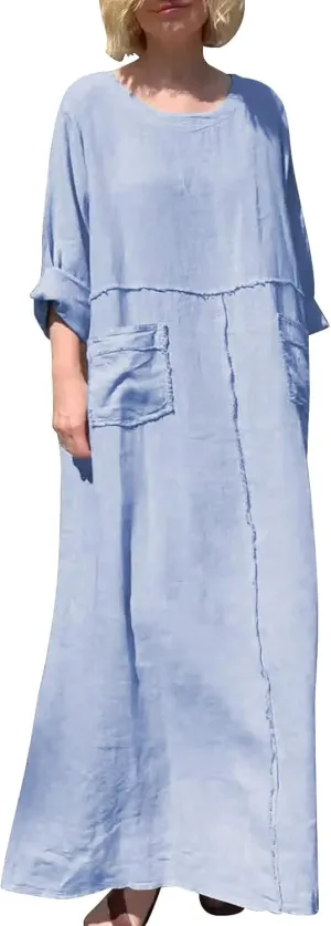 Women's Crew Neck Solid Color Mid Long Sleeve Dress Cotton and Linen Dress Long Sleeve Dress Casual