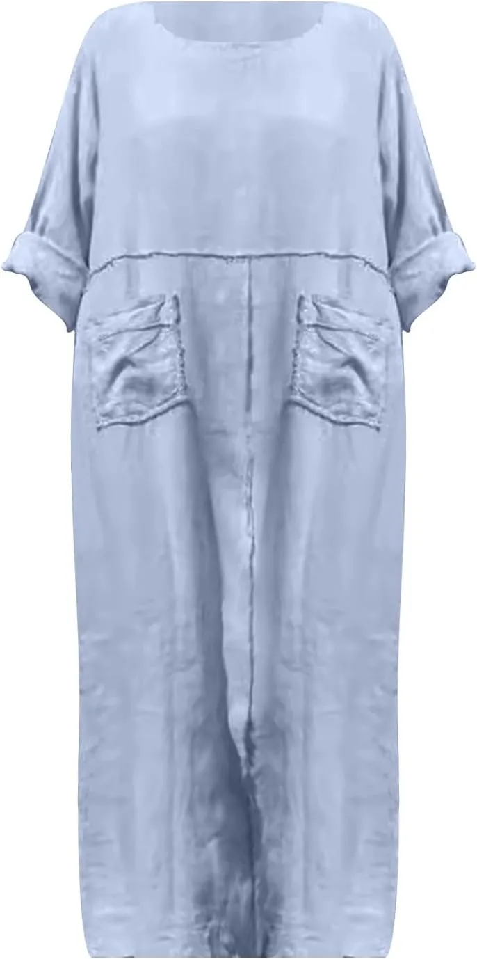 Women's Crew Neck Solid Color Mid Long Sleeve Dress Cotton and Linen Dress Long Sleeve Dress Casual