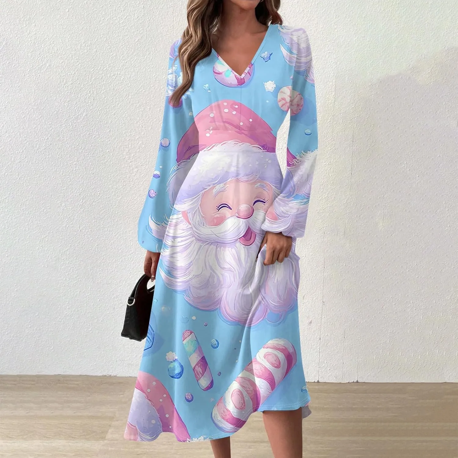 Women's Long Sleeve Dressy Dresses Casual V-Neck Fashion Midi Winter Christmas Printed Trendy Swing Dress