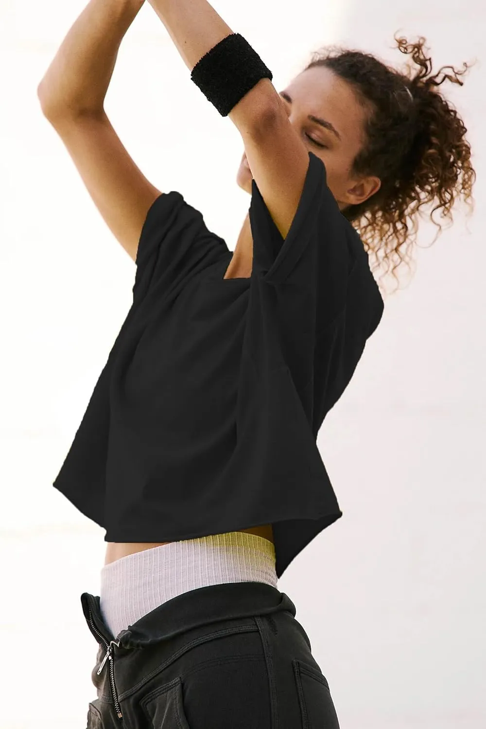 Women's Oversized Crop Tops Roll Hem Half Sleeve T-Shirts Drop Shoulder Casual Summer Tops
