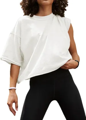 Women's Oversized Crop Tops Roll Hem Half Sleeve T-Shirts Drop Shoulder Casual Summer Tops