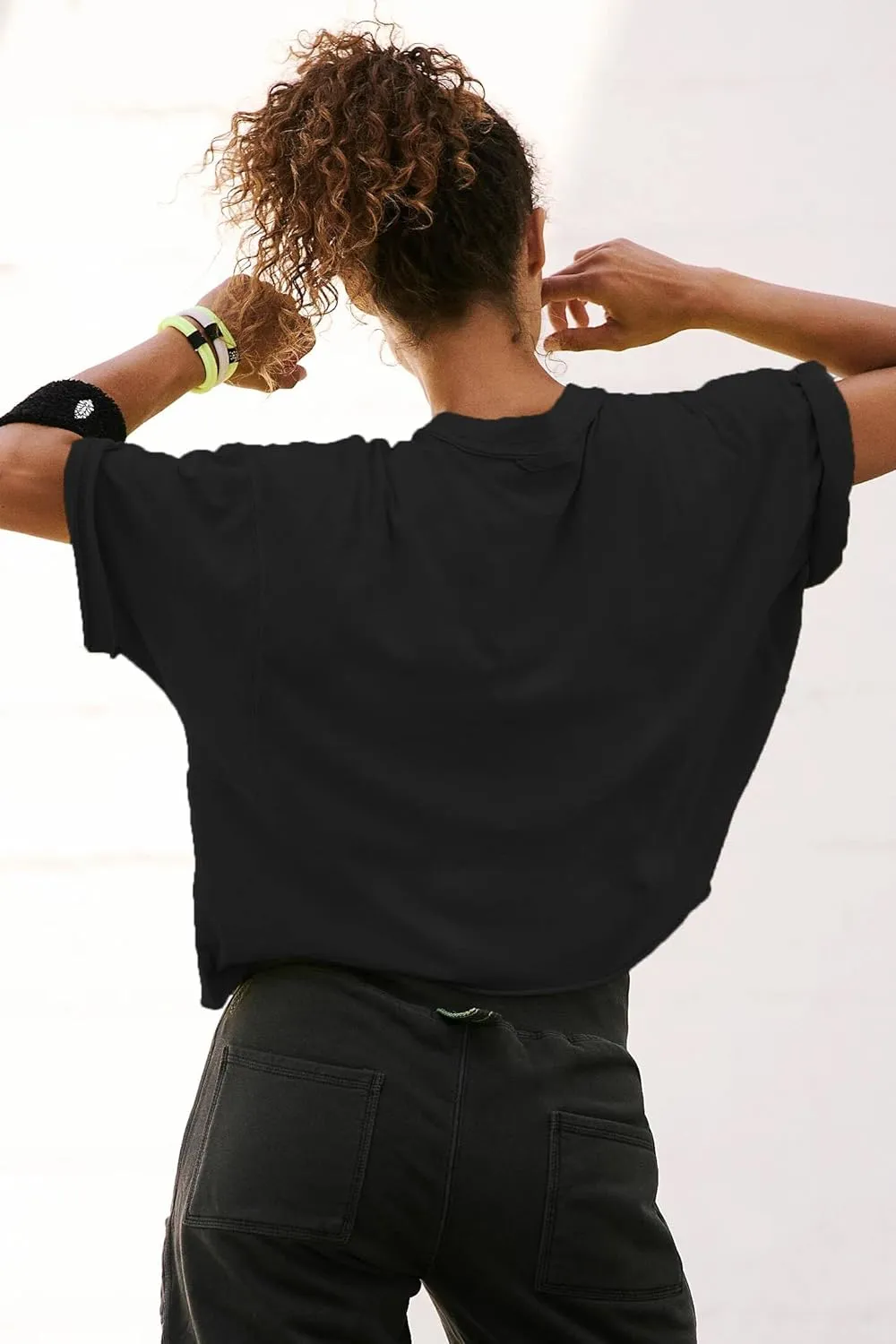 Women's Oversized Crop Tops Roll Hem Half Sleeve T-Shirts Drop Shoulder Casual Summer Tops