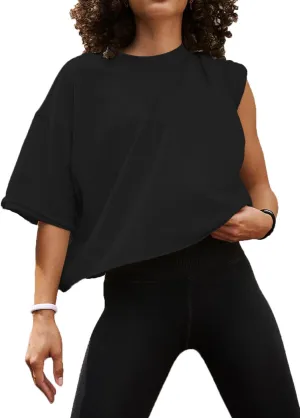 Women's Oversized Crop Tops Roll Hem Half Sleeve T-Shirts Drop Shoulder Casual Summer Tops