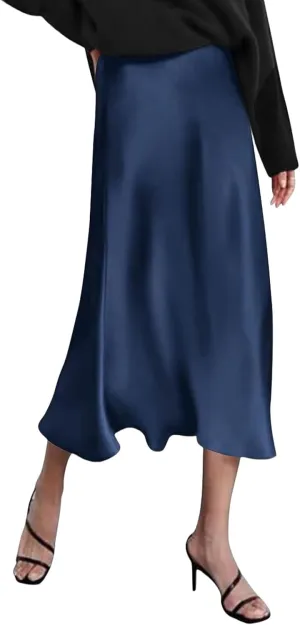 Womens Satin Silk Maxi Skirts Fashion Elastic High Waist Skirt Summer Casual Solid Color A Line Cocktail Party Skirt