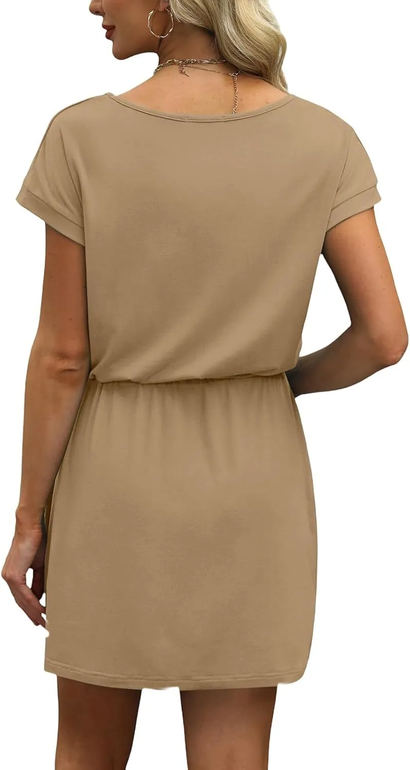 Womens Summer Casual Mini Dresses Short Sleeve V Neck Drawstring Waist T Shirt Dress with Pocket