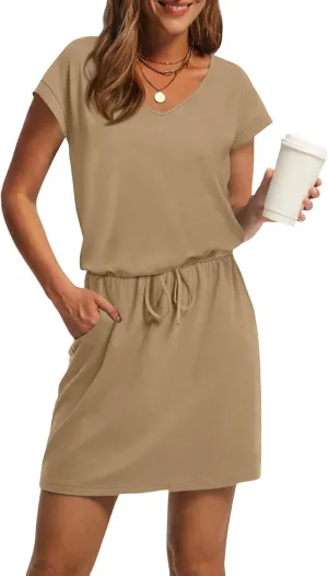 Womens Summer Casual Mini Dresses Short Sleeve V Neck Drawstring Waist T Shirt Dress with Pocket