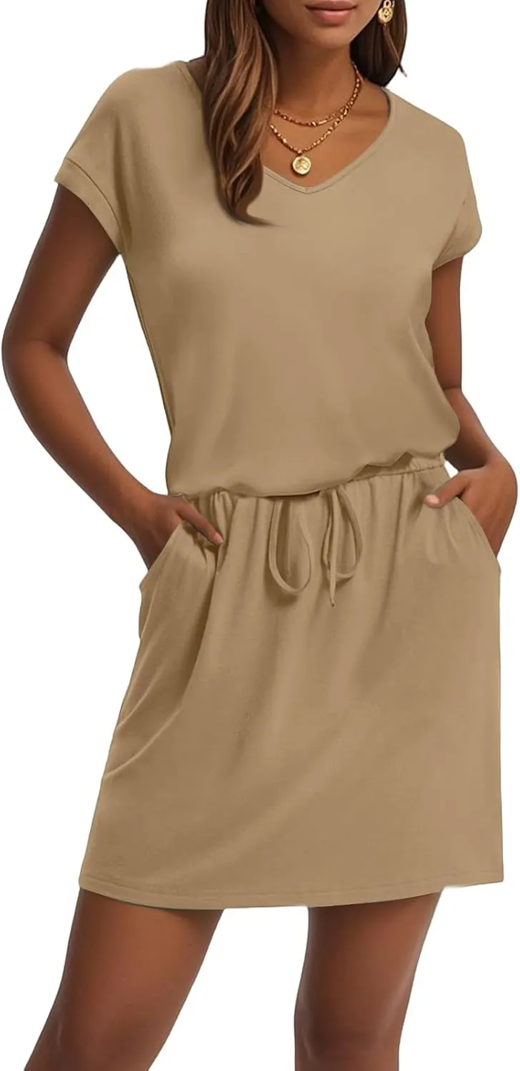 Womens Summer Casual Mini Dresses Short Sleeve V Neck Drawstring Waist T Shirt Dress with Pocket