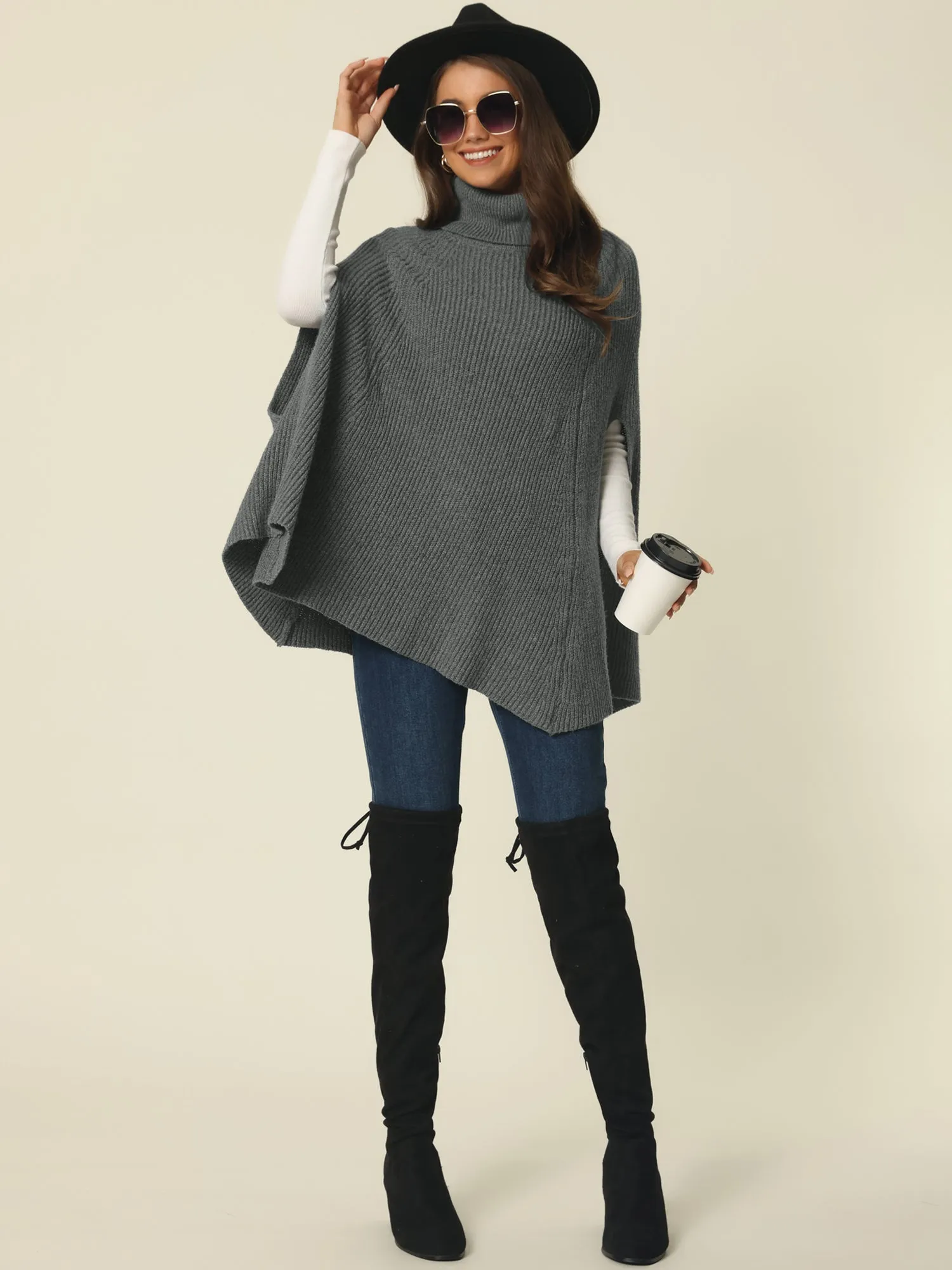 Women's Turtleneck Fashion Chunky Knit Cape Sweater