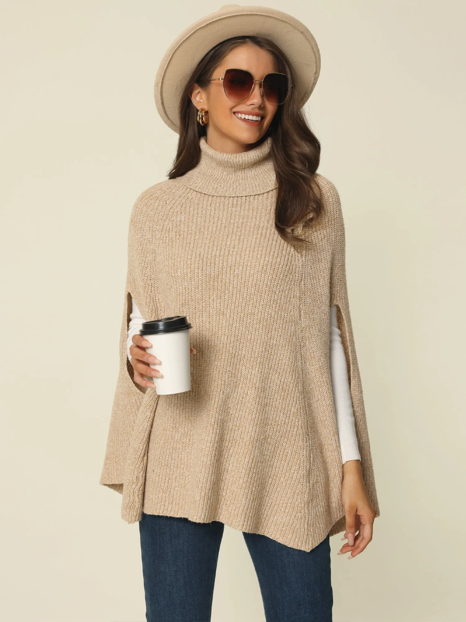 Women's Turtleneck Fashion Chunky Knit Cape Sweater