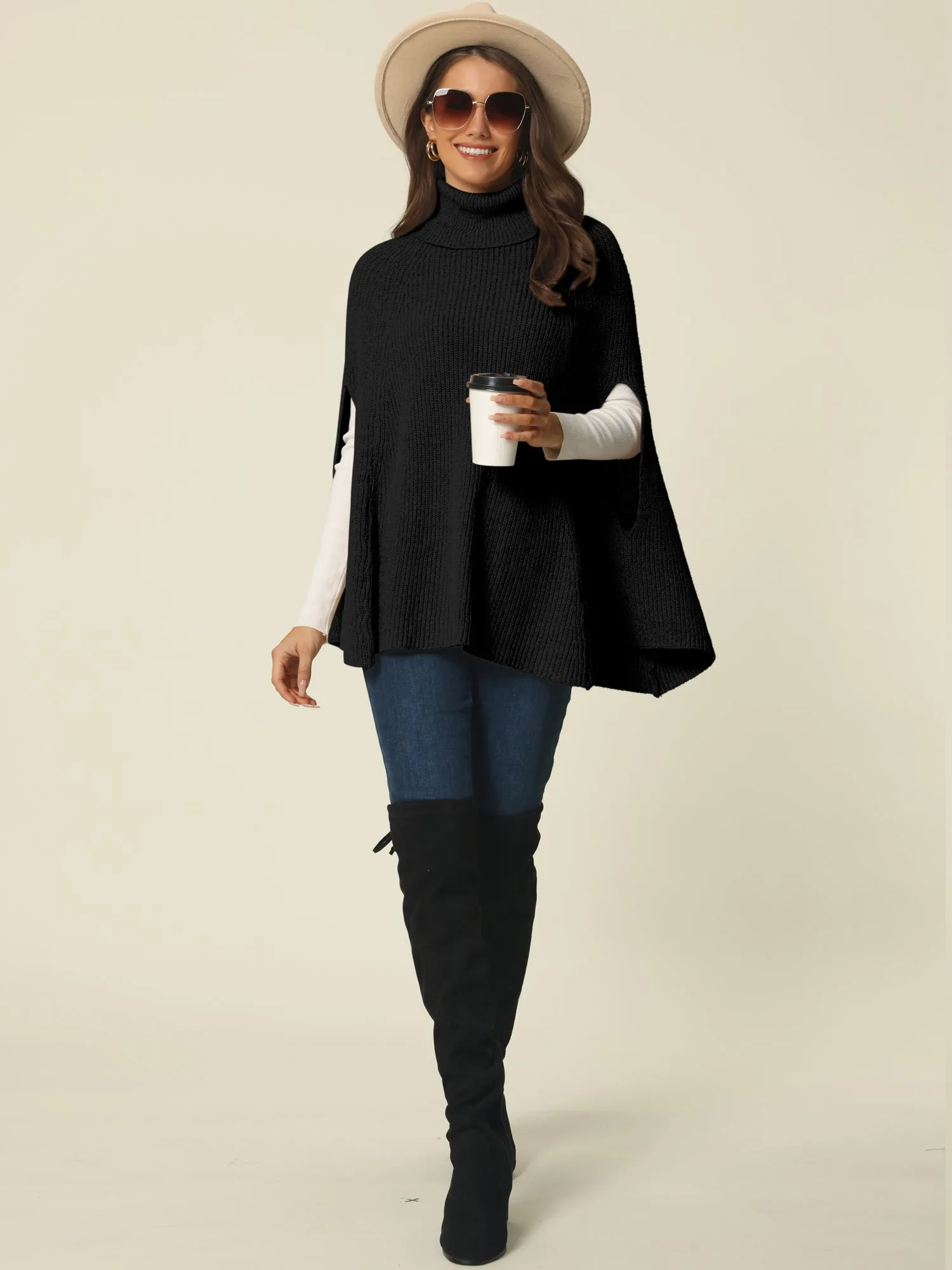 Women's Turtleneck Fashion Chunky Knit Cape Sweater