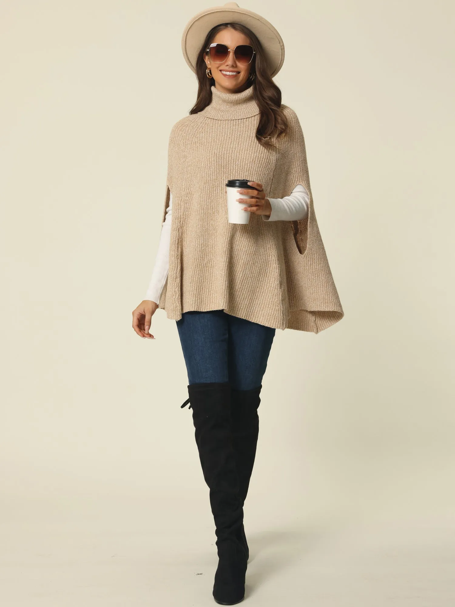 Women's Turtleneck Fashion Chunky Knit Cape Sweater