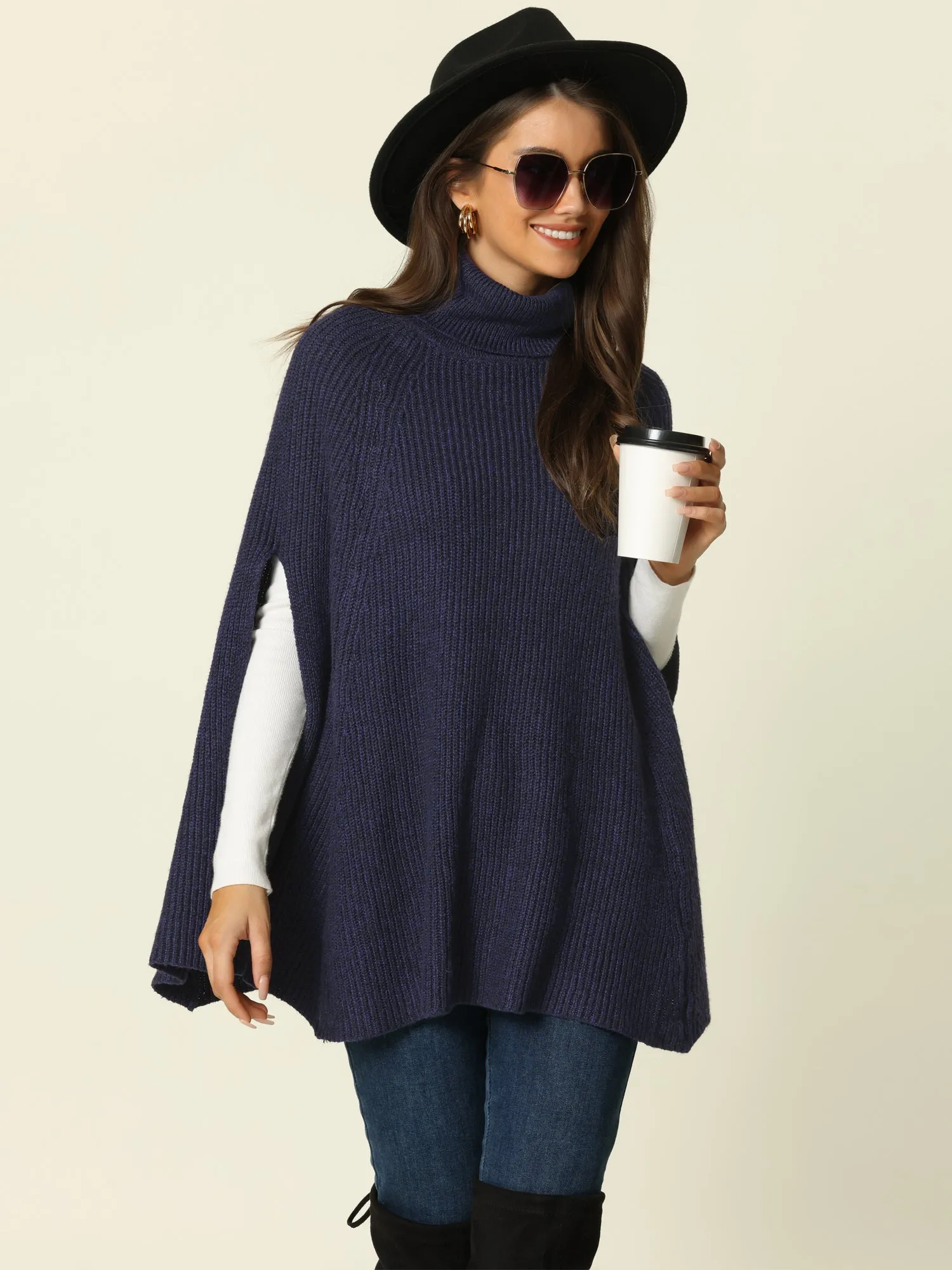 Women's Turtleneck Fashion Chunky Knit Cape Sweater