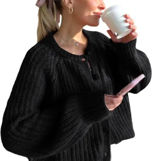 YKR Womens Fall Cardigan Sweater Long Sleeve Chunky Knit Open Front Button Loose Casual Cardigan Coat