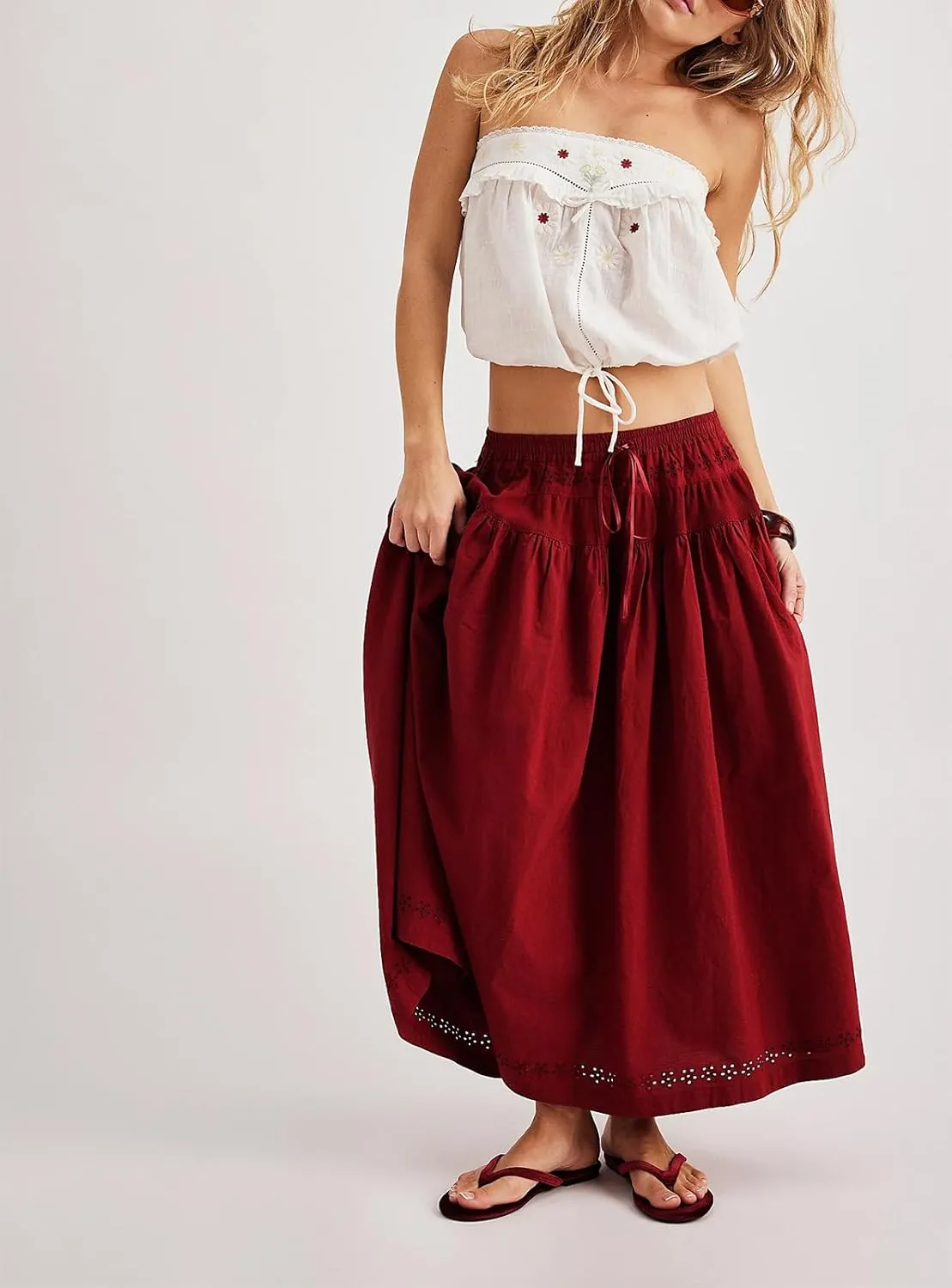 Yuemengxuan Maxi Skirt Sets for Women Y2k Summer Dresses Tie Front Tops and Long Skirts Cutout Beach 2 Piece Outfits