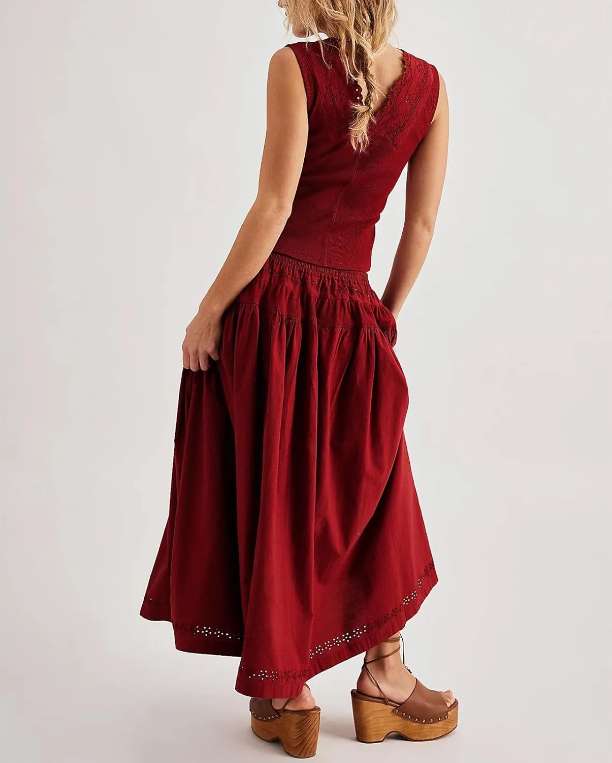 Yuemengxuan Maxi Skirt Sets for Women Y2k Summer Dresses Tie Front Tops and Long Skirts Cutout Beach 2 Piece Outfits