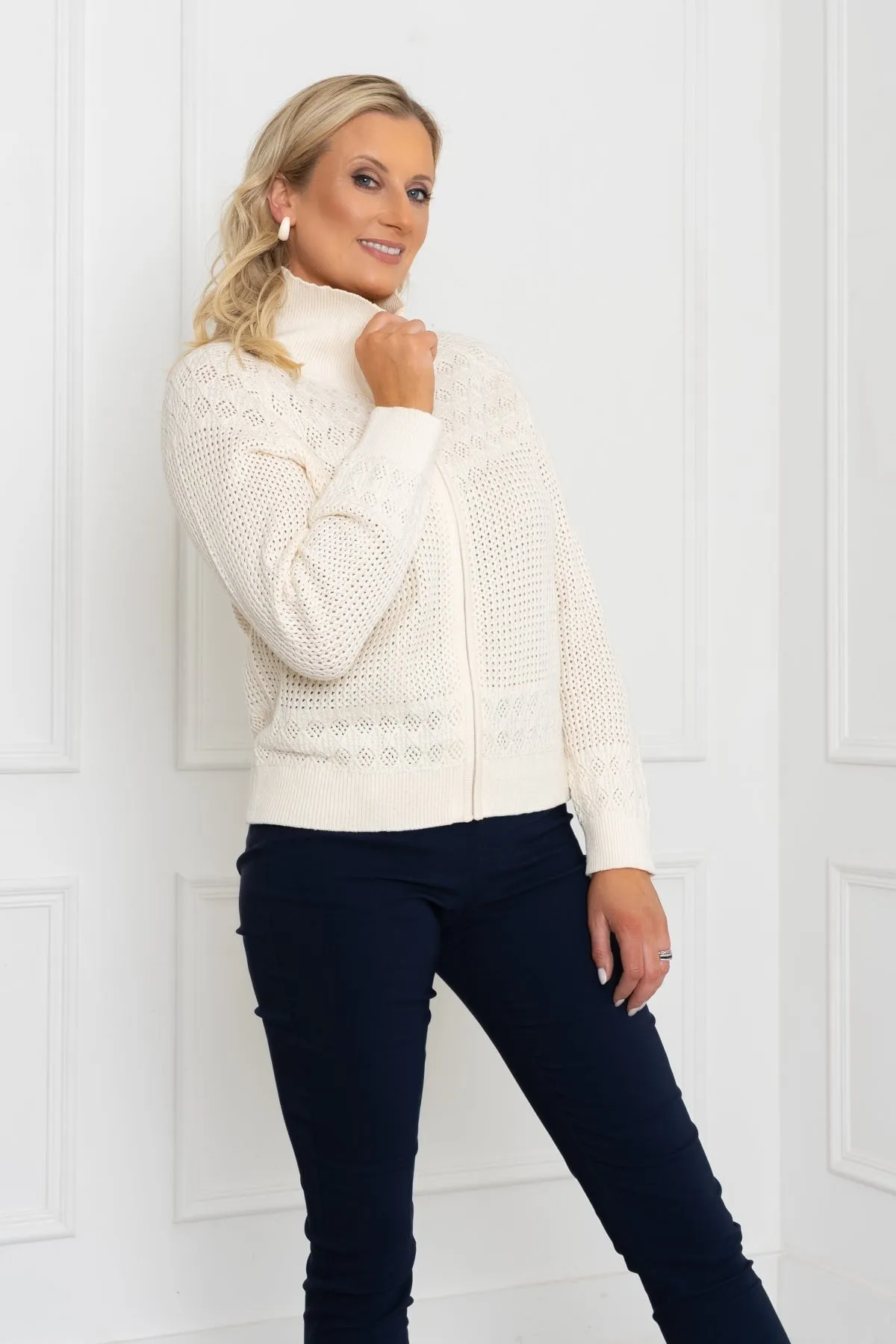 Zip Front Cardigan in Ecru